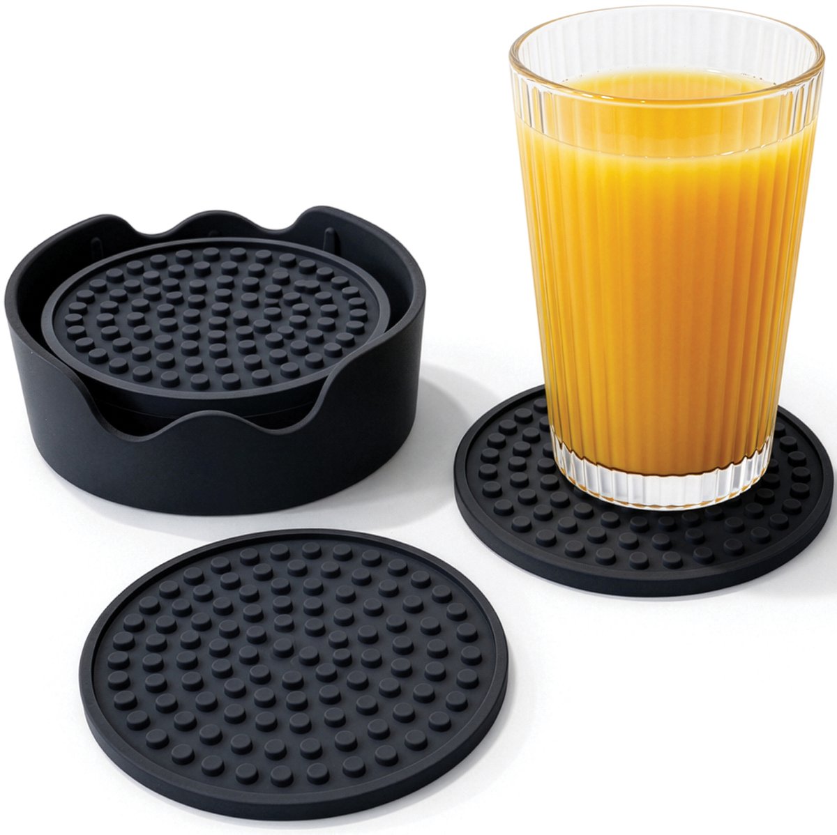 Anti-slip onderzetters inclusief houder - Zwart - Set 6 stuks - Aidapt