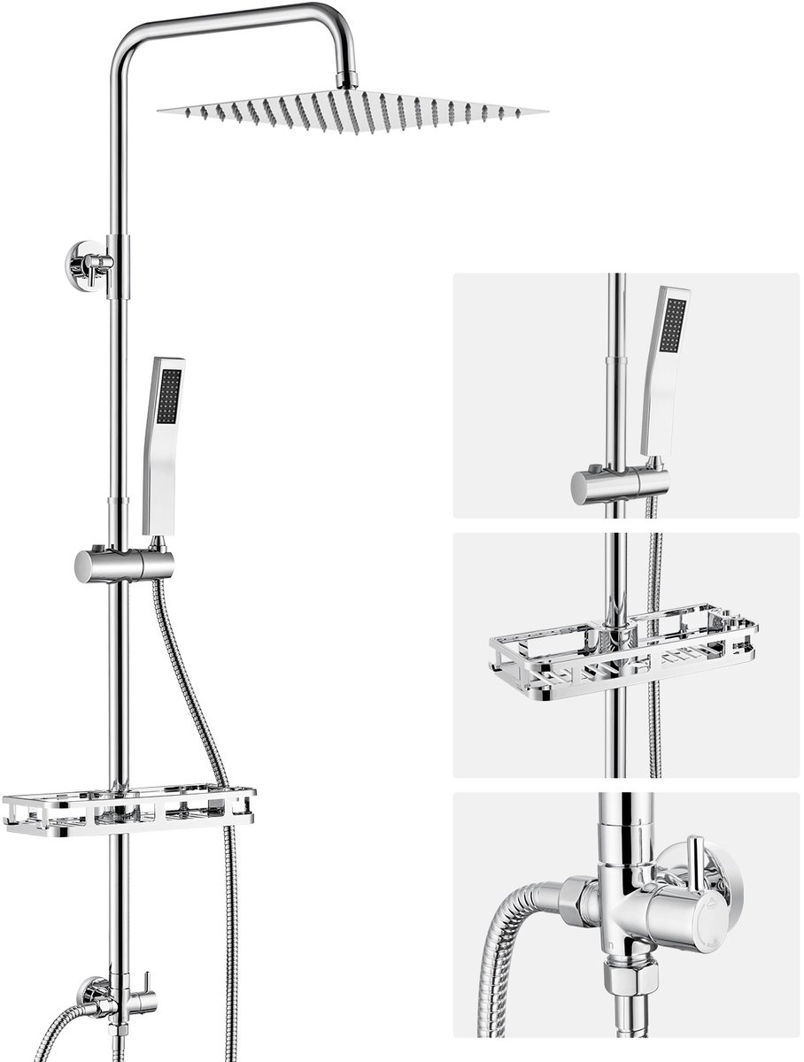 Auralum Max Douchesysteem Met Plankje - Chroom Doucheset - RVS Regendouche - 10 inch Douchekop - Verstelbare Hoogte 72-110 cm - Duurzame Messing Omsteller - Chroom