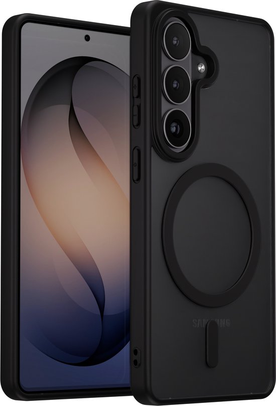 Zwart telefoonhoesje met een magnetische cirkel aan de achterkant, naast een telefoon.