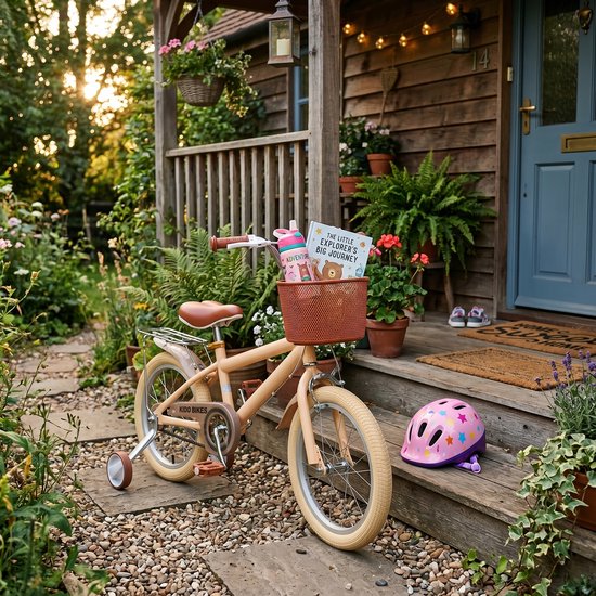 16 Inch Vintage Kinderfiets Beige - Met Zijwieltjes, Mandje, Dubbele Remmen - Verstelbaar Zadel (58-68 cm) - Stevig Stalen Frame - Geschikt voor 5-9 Jaar, Jongens & Meisjes — afbeelding 3