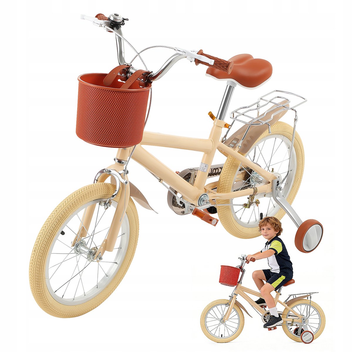 16 Inch Vintage Kinderfiets Beige – Met Zijwieltjes, Mandje, Dubbele Remmen – Verstelbaar Zadel (58-68 cm) – Stevig Stalen Frame – Geschikt voor 5-9 Jaar, Jongens & Meisjes
