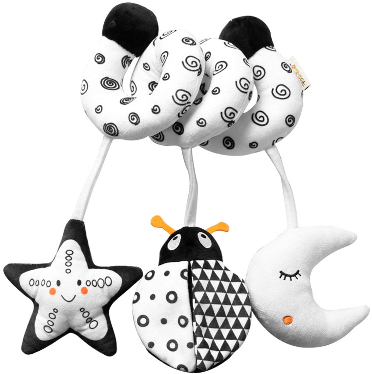 COOAU - Boxspiraal Baby Speelgoed - Pluchen Knuffel met Rammelaar voor Kinderwagen, Autostoel & Buggy - Sensorisch Speelgoed voor Baby's van 0-6 Maanden - Unisex - Zacht & Veilig - Zwart-wit lieveheersbeestje