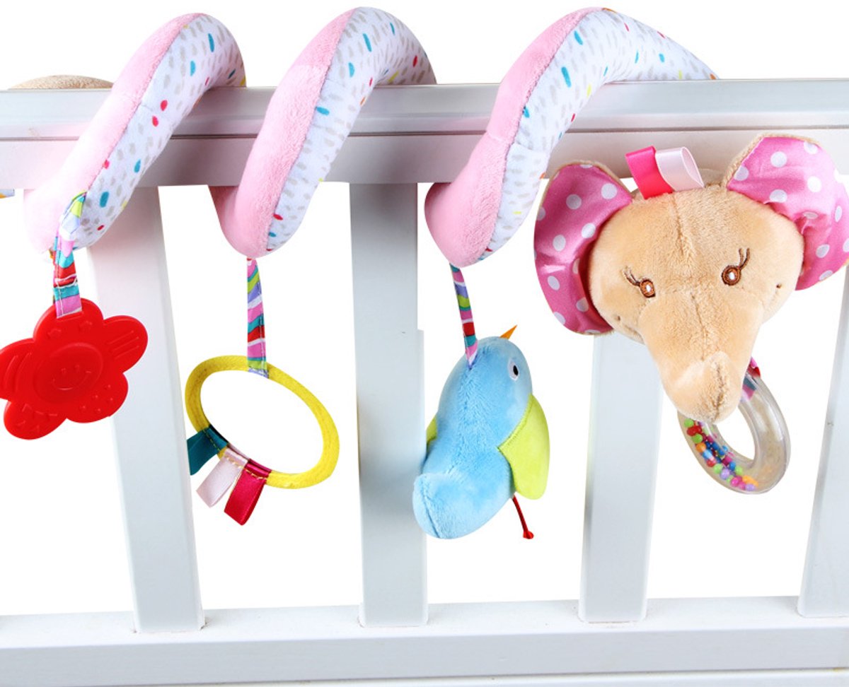 COOAU - Boxspiraal Baby Speelgoed - Pluchen Knuffel met Rammelaar voor Kinderwagen, Autostoel & Buggy - Sensorisch Speelgoed voor Baby's van 0-6 Maanden - Unisex - Zacht & Veilig - Veelkleurige olifant