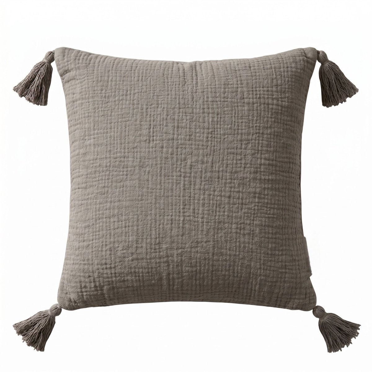 Homescapes grijs mousseline kussen met kwastjes, 45 × 45 cm – katoenen kussenhoes inclusief vulling