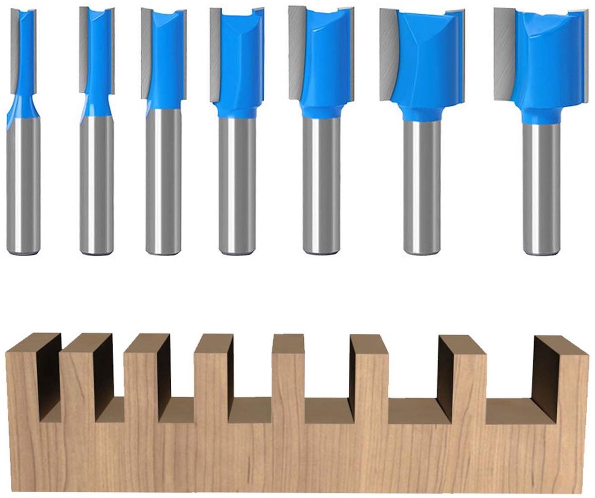 carmdering - Freesbits Set - Bovenfrees Bits - Houtfrees Set - 7 stuks, 8mm schacht, hardmetaal, hittebestendige coating, 6-20mm snijdiameter - Voor hout & MDF - Precisie & duurzaam