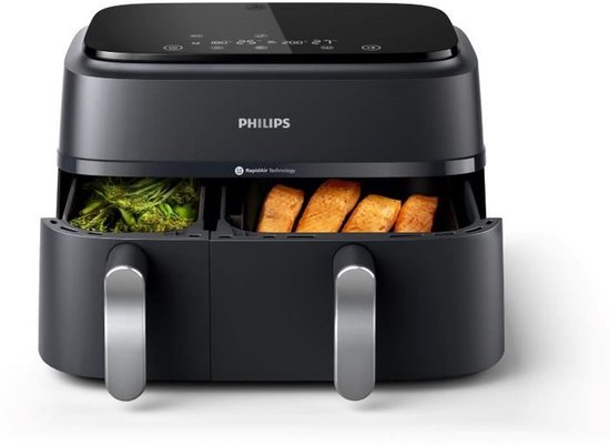 Philips 3000 Series Dual Airfryer - NA351/00 - Dubbele Mand - 9L - Tot 6 Personen - Zwart/Zilver