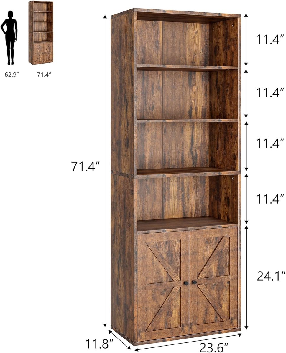Set van 2 Boekenkast in industriële stijl-met 6 planken en schuifdeuren–Grote houten boekenkast in landelijke stijl met opbergruimte–Anti-kantelmechanisme–Voor woonkamer-slaapkamer en kantoor-bruin