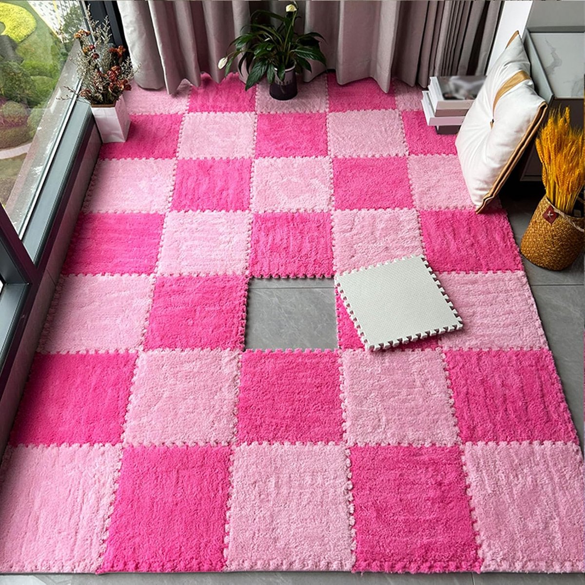 Pluche vloertegels - Zachte puzzelmat - Speelkamer inrichten - In elkaar grijpend ontwerp - 30x30 cm - Roze rood