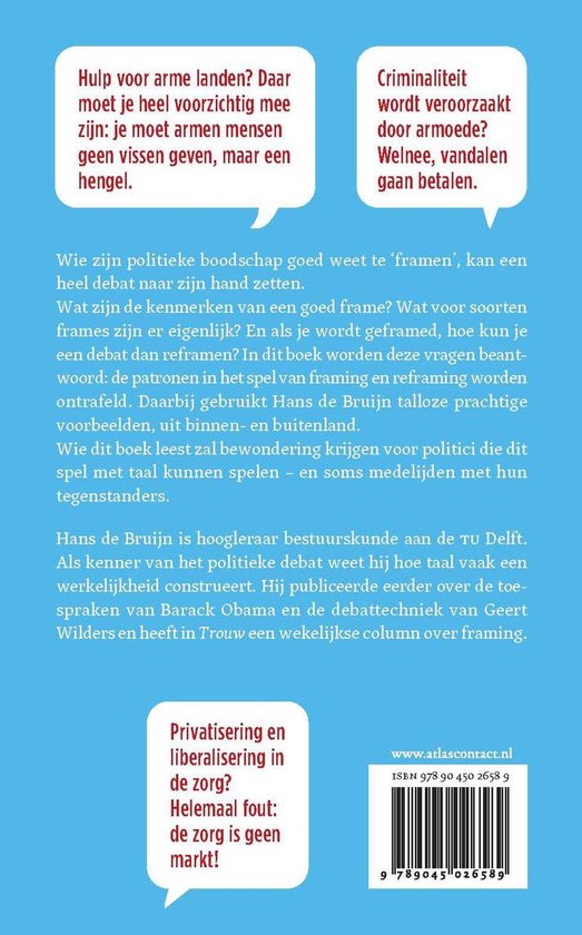 Achterkant van het boek Framing. Verschillende quotes in tekstballonnen en website adres.