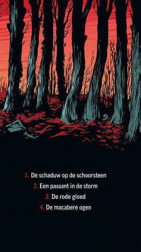 Illustratie van een bos met een rode gloed en vier titels.