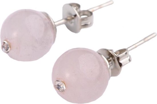 Edelstenen oorbellen Bling Rose Quartz - oorknopje - roze - rozenkwarts - stras steentje
