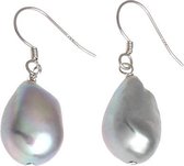 Zoetwater parel oorbellen Big Grey Baroque Pearl - oorhanger - echte parels - grijs - zilver