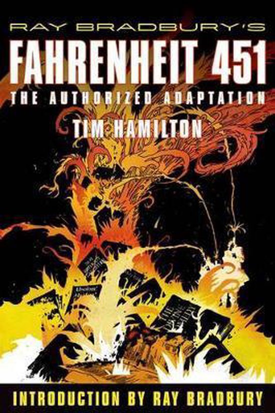Couverture du livre 'Fahrenheit 451: The Authorized Adaptation' avec des flammes et des livres en feu.