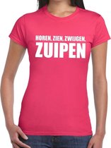 Horen zien zwijgen ZUIPEN tekst t-shirt roze dames XS