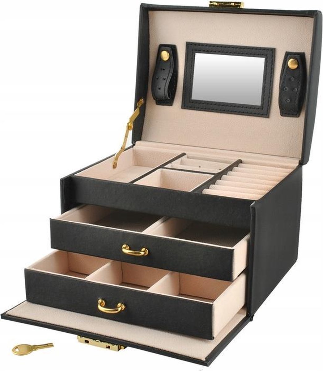 Luxe Sieradenbox Met Spiegel - Bijouteriedoos Opbergbox - Juwelen Opbergdoos - Kunst Leder Zwart - Merkloos