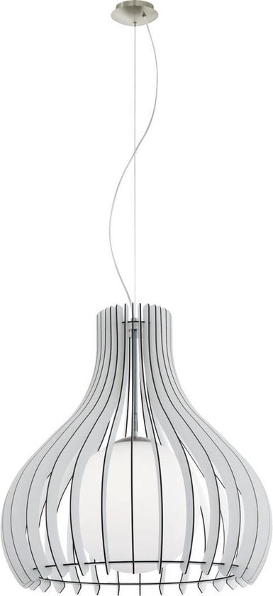 EGLO Hanglamp Tindori, 1-lichts pendellamp vintage, eettafellamp van staal in mat nikkel, wit hout en glas, lamp hangend voor woonkamer, E27 fitting, 50 cm