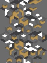 Hexagone 3D grafisch grijs/goud modern (vliesbehang, grijs)