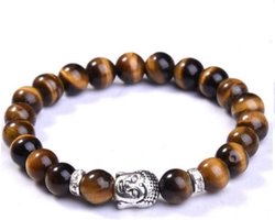 Buddha armband - met zilverkleurige buddha met twee bedels - elastisch - van natuursteen (tijgeroog) - 21 cm