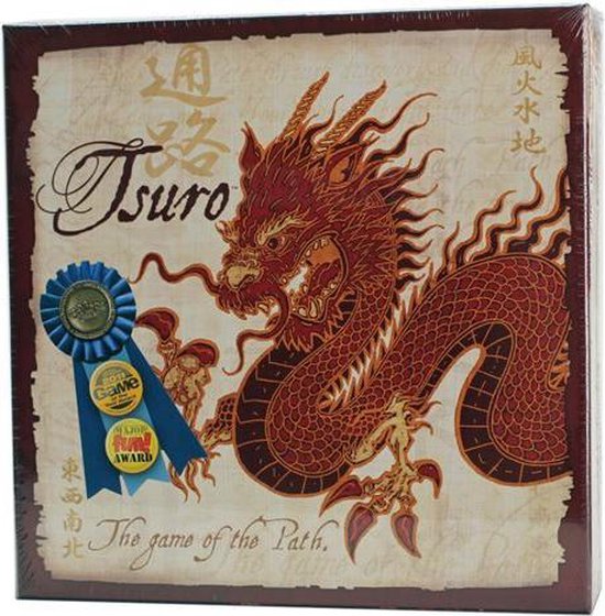 Tsuro bordspel met rode draak en blauwe lint awards '2011 GAME AWARD' en 'MAJOR FUN AWARD'.