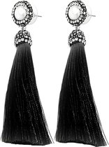 Zoetwater parel oorbellen Bright Pearl Black Tassel - oorstekers - echte parels - wit - zwart - zilver - stras steentjes - kwastje