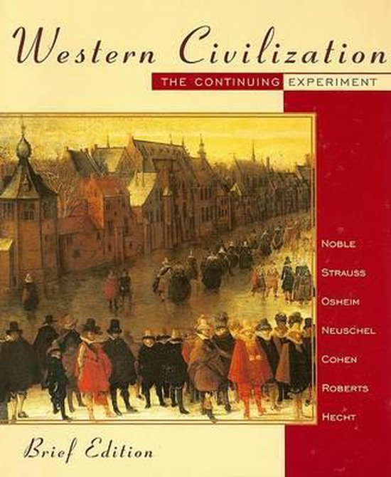 Boekomslag van 'Western Civilization: The Continuing Experiment', Brief Edition. Het toont een schilderij van een drukke straat in een historische stad.