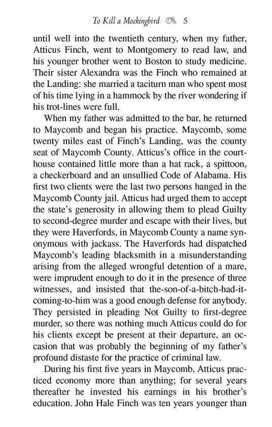 Page de texte du livre "To Kill a Mockingbird", commençant par "until well into the twentieth century...".