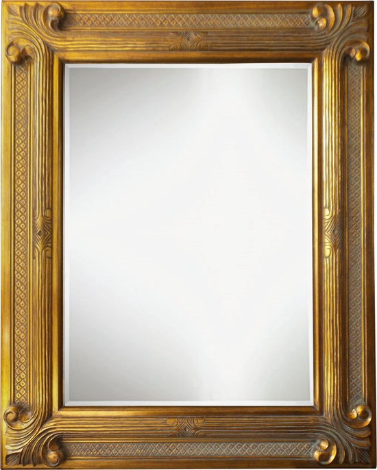 Landelijke spiegel hout - brede spiegel op de muur - Art Nouveau Houten Spiegel Vince Goud - Buitenmaat 107 x 137 cm horizontaal of verticaal - Grote houten wandspiegel - Brede lijst - Muurspiegel boven dressoir of side table - Grote Schouwspiegel