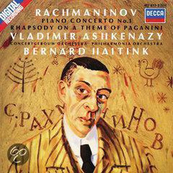 CD-hoes met schilderij van een man in gestreept geel pak en zwart-wit geblokte das. Tekst: Rachmaninov Piano Concerto No.1 Rhapsody on a Theme of Paganini Vladimir Ashkenazy.