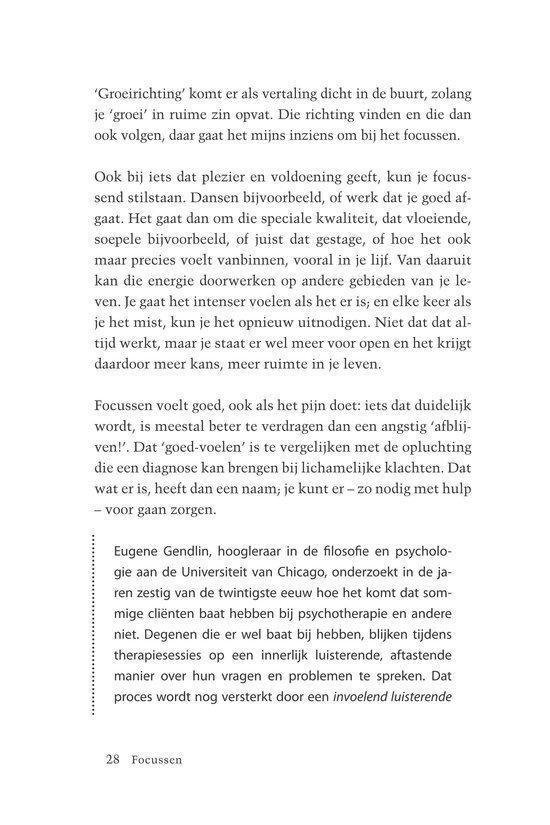 Pagina met tekst over groeigrichting, voelen, en Eugene Gendlin. Pagina 28.