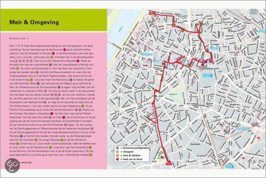 Stadskaart van Antwerpen met een rode wandelroute die door de wijk Meir loopt. Iconen geven bezienswaardigheden aan.