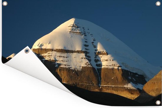 Tuinposter 90x60 cm - Tuindecoratie Zonnestralen vallen op de top van de Kailash berg in Tibet - Poster voor in de tuin - Buiten decoratie - Schutting tuinschilderij - Tuindoek muurdecoratie - Wanddecoratie balkondoek