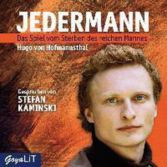 Cover met tekst JEDERMANN, Hugo von Hofmannsthal, Goya LIT en een portret van Stefan Kaminski.