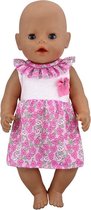 Roze jurk met bloemetjes en strikje geschikt voor Baby Born of pop met lengte van 38 tot 43 cm