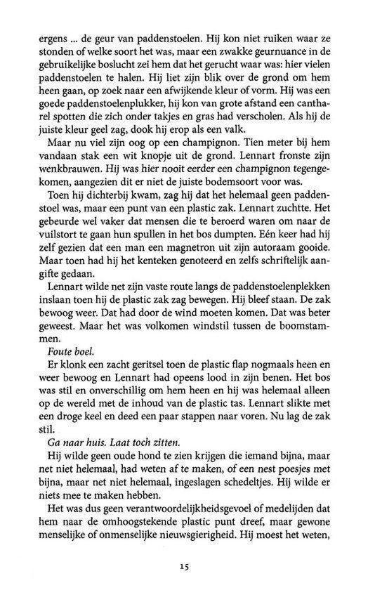 Boekpagina 15. Tekst over paddenstoelen, een plastic zak en de bosjes.