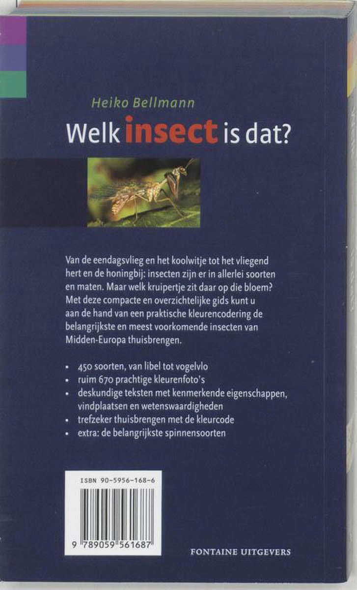 Achterkant boek 'Welk insect is dat?' met insectenfoto's, tekst en ISBN-barcode.