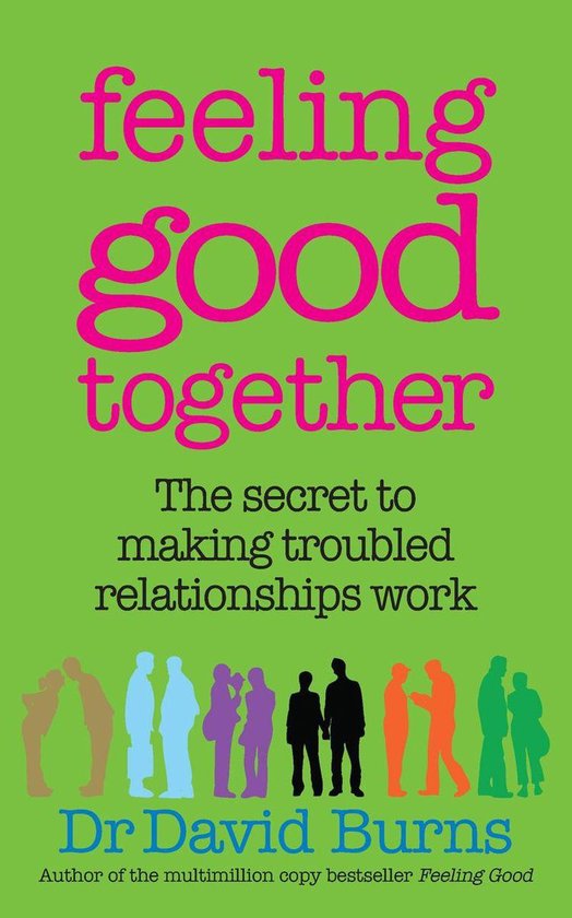 Boekomslag 'Feeling good together'. Groene achtergrond met roze tekst en gekleurde silhouetten van stellen.