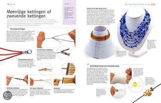 Open boek met handleiding voor het maken van kettingen, met afbeeldingen van kralen, gereedschap en technieken.