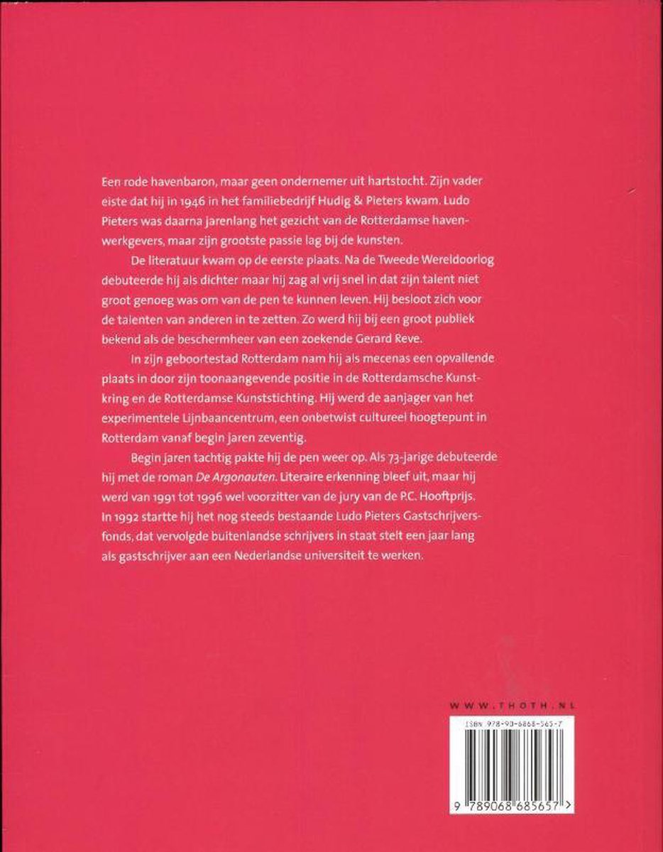 Achterkant boek over Ludo Pieters, met biografie en barcode.