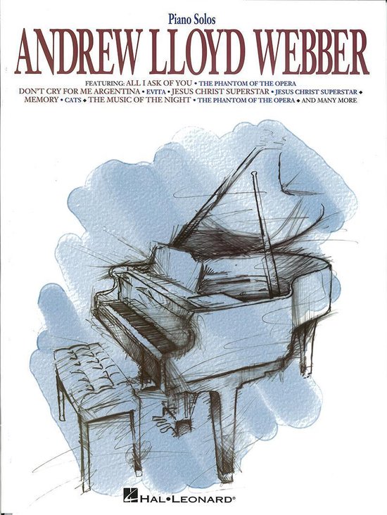 Albumhoes voor pianomuziek van Andrew Lloyd Webber. Met een schets van een vleugel en pianokruk, met de titel 'Andrew Lloyd Webber Piano Solos'.