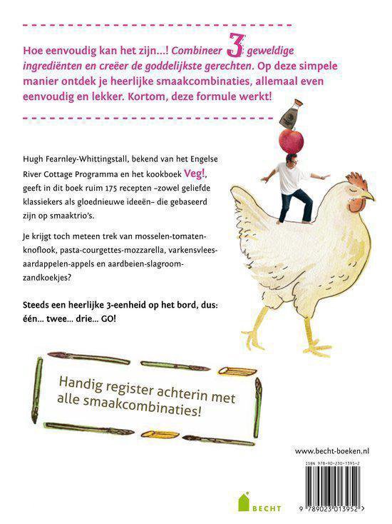 Achterkant van een kookboek met illustratie van een man op een kip, met tekst over recepten.