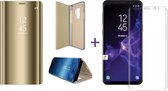 Samsung Galaxy S9 - Lederen Spiegel Wallet Hoesje Goud met Siliconen Houder - Portemonee Hoesje + Glas PET Folie Screen Protector Transparant 0.2mm