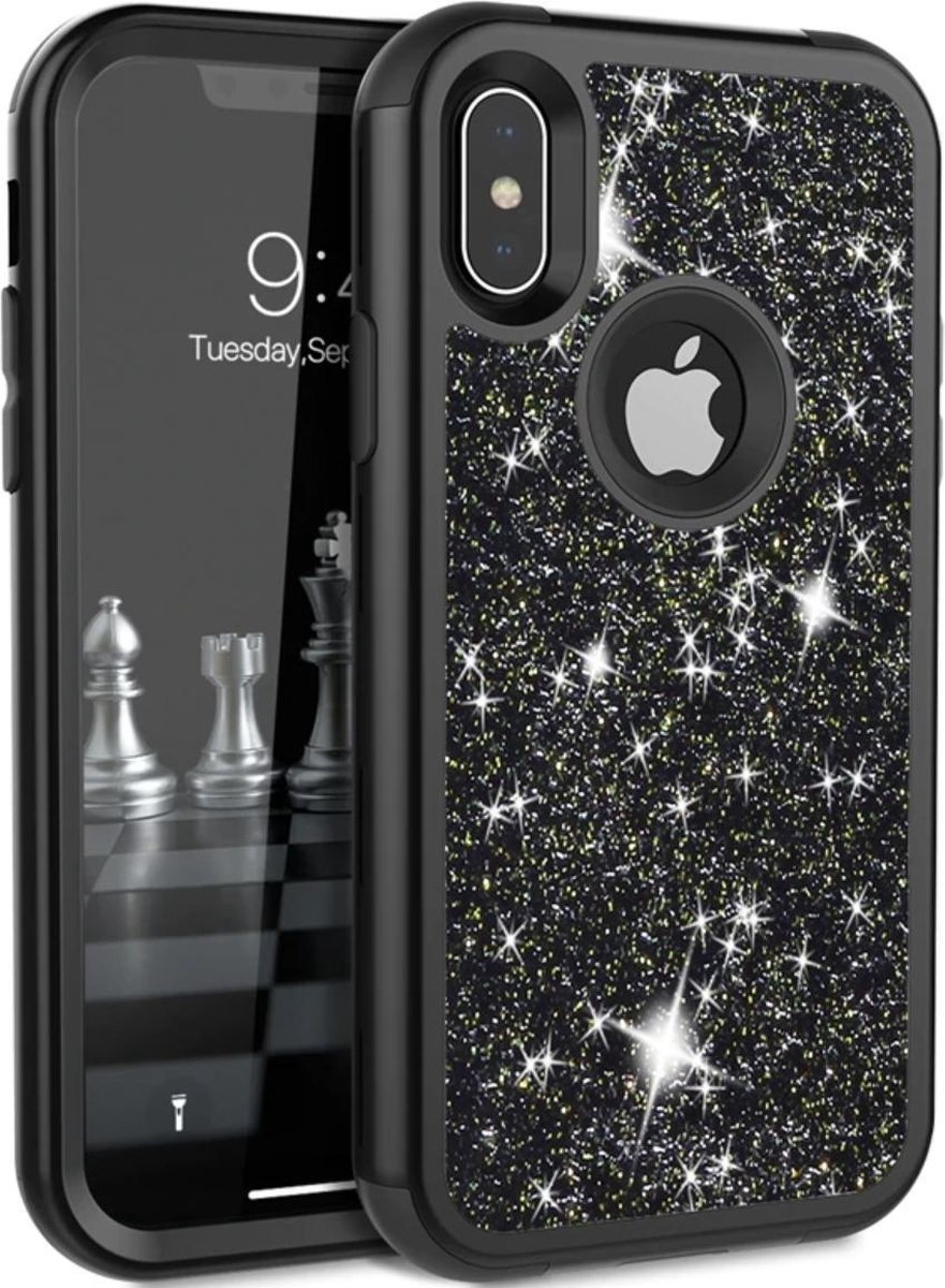 Geschikt voor Apple iPhone X / XS Glitter Back over - Zwart - PC Hard - Shockproof