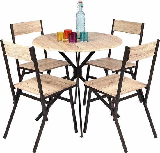 Bistro set - Tafel - 4 Stoelen - Blank hout - Eiken fineer - Zwart metaal - Scandinavische look - Ruimtebesparend - Binnenshuis te gebruiken - Gezellig borrelen en tafelen