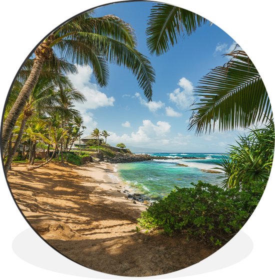 WallCircle - Wandcirkel - Muurcirkel - Uitzicht op de zee tussen de palmbomen op Maui - Aluminium - Dibond - ⌀ 60 cm - Binnen en Buiten