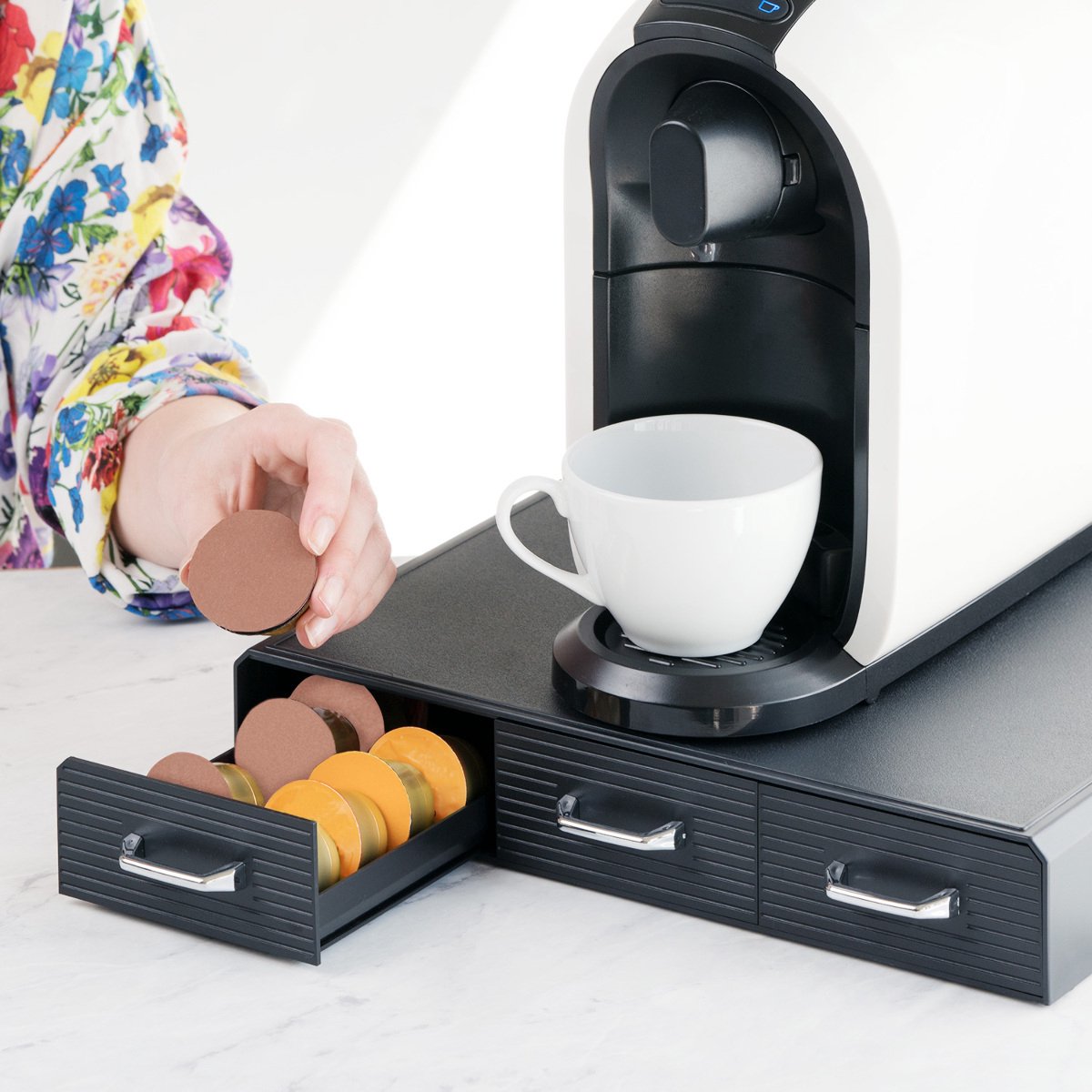 Navaris koffiecups houder met 3 lades - Capsulehouder voor tot 48 koffie cups - Compatibel met Nespresso cups en andere standaard capsules - Grijs