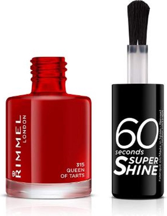 Rimmel London nagellak flesje met rode lak en losse dop met kwastje en "60 seconds SUPER SHINE" tekst.