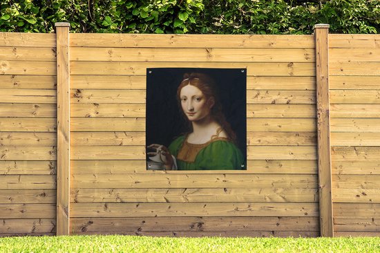 Tuinposter 100x100 cm - Tuindecoratie Maria Magdalena - Leonardo da Vinci - Poster voor in de tuin - Buiten decoratie - Schutting tuinschilderij - Tuindoek muurdecoratie - Wanddecoratie balkondoek