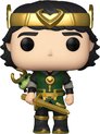 Kid Loki Funko Pop figuur in groen en goud, met drakencape en gouden zwaard.