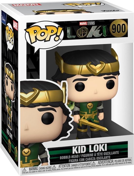 Kid Loki Funko Pop figuur in verpakking, groen met goud, met drakencape.