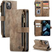 CaseMe - Telefoonhoesje geschikt voor iPhone 13 - Wallet Book Case met ritssluiting - Magneetsluiting - Bruin